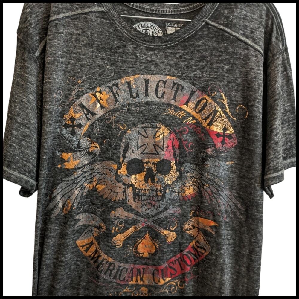 AFFLICTION American Customs Skull T-Shirt Red Gold Foil Men's XL
